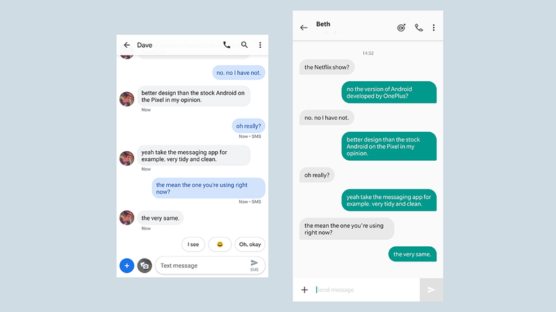 Messages on a Pixel (left) and OnePlus phone (right).